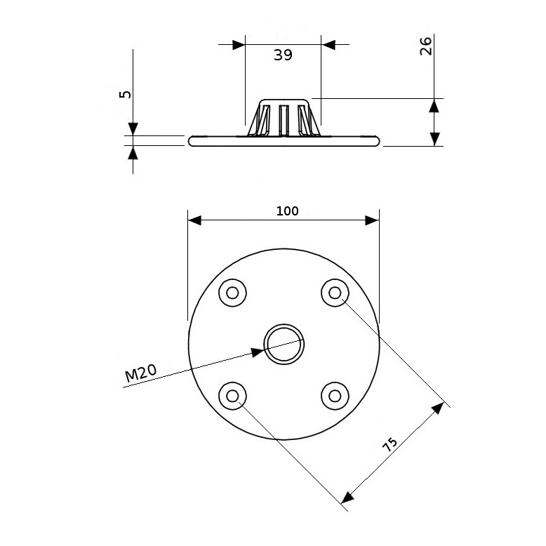 Heavy Duty Cast Alloy Top Hat With M20 Thread